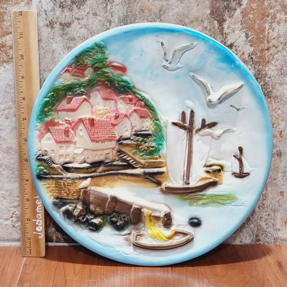 Vintage Chalkware Plaster Plaques 3D Wall Hanging Plate Seaside Seagulls Houses